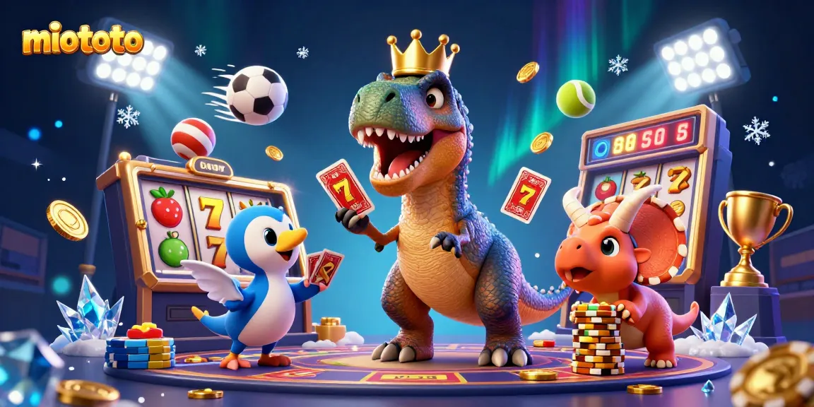 Engage with the miototo gaming scene of a cartoon T-Rex and playful characters amidst vibrant slots.