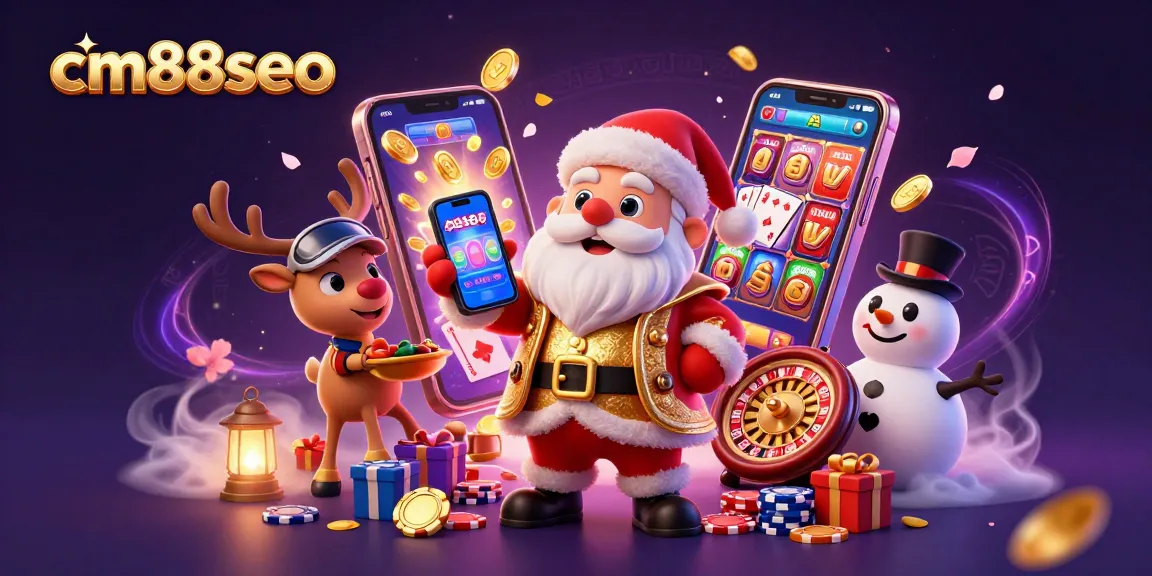 Win big with cm88seo as Santa enjoys jackpot slots with friends in a vibrant casino scene!