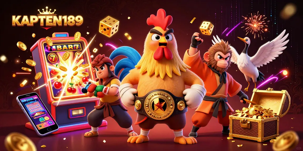 KAPTEN189 mengundang Anda merasakan sensasi mesin slot dengan ilustrasi 3D karakter ayam Muay Thai dan monyet martial.