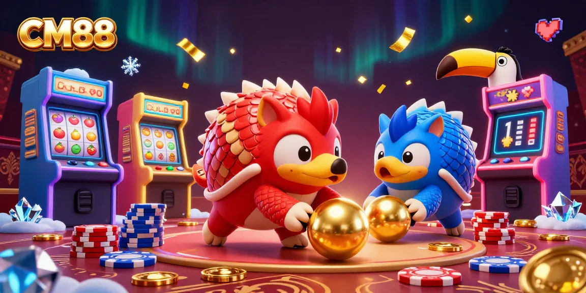 Experience CM88 by rolling jackpot pangolins in a vibrant casino scene with multiple arcade games.