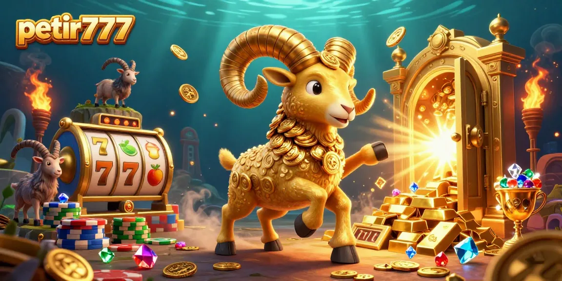Petir777 showcases golden ram charging toward treasure vault, captivating players with vivid gambling elements.
