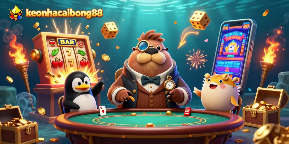 Experience keonhacaibong88 thrills with animated casino creatures at an underwater poker table.