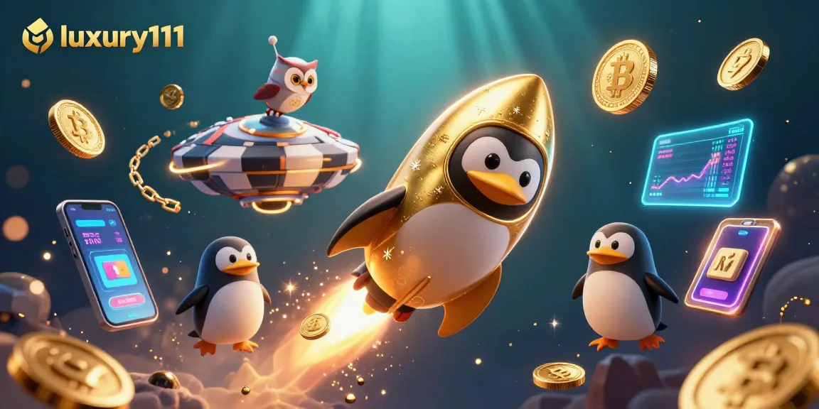 Experience luxury111 with a thrilling rocket-powered penguin chasing coins at the casino station in space.