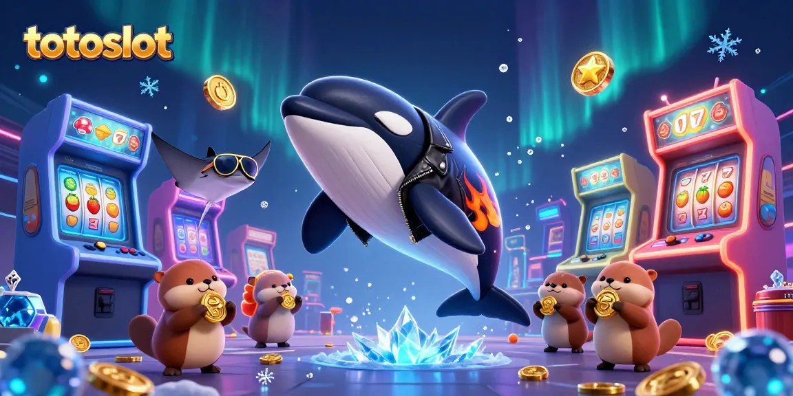 Totoslot showcases a vibrant 3D scene with an orca and otters celebrating casino wins, filled with colorful game elements.