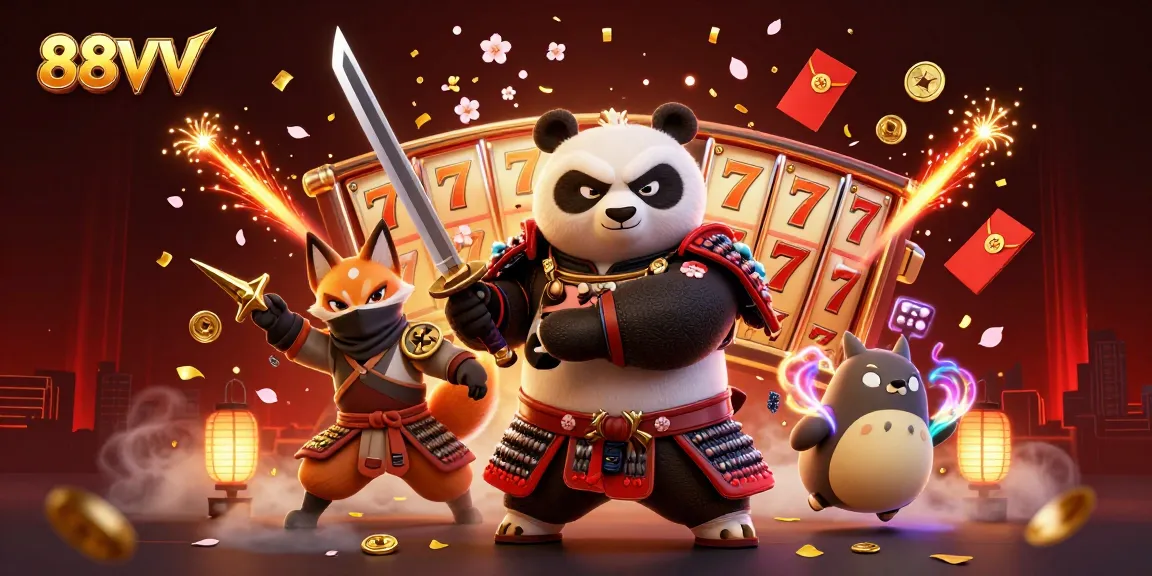 88VV samurai panda and ninja fox engage in a thrilling slot adventure with vibrant elements.