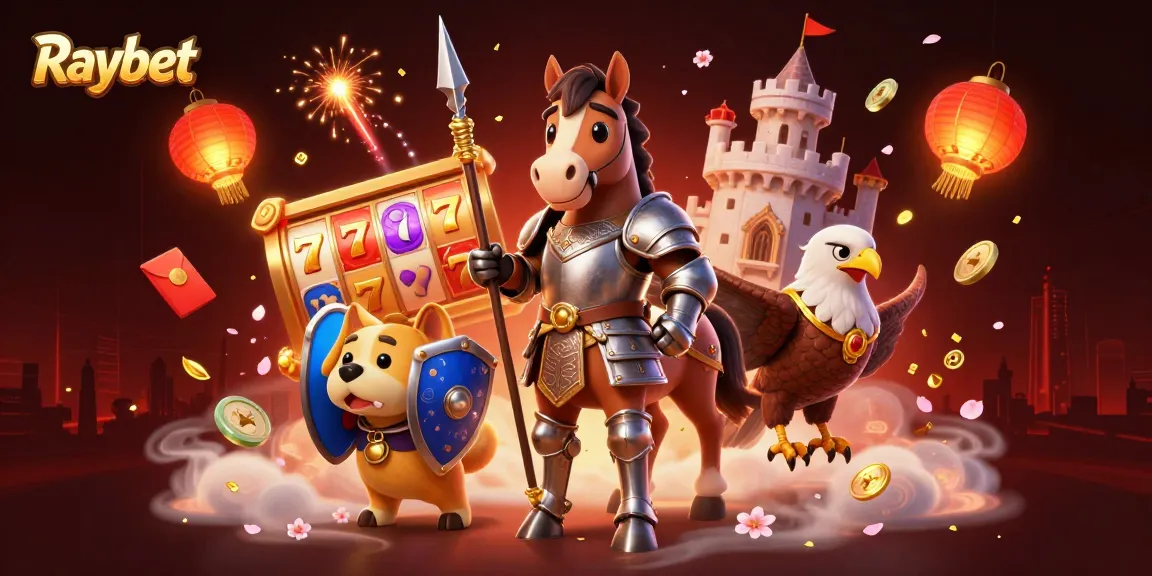 Experience thrilling games at Raybet with knights and casino elements in a vibrant 3D digital illustration.