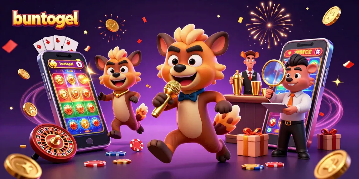 Buntogel promoting its vibrant online casino energy with cartoon hyenas hosting a lively comedy night.