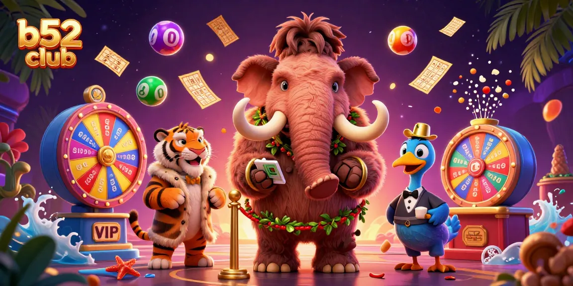 Bustling scene depicting b52club with a woolly mammoth checking IDs, a saber-tooth tiger, and playful lottery elements.