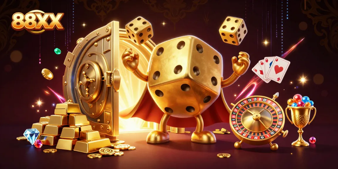 Experience thrilling gameplay at 88XX with a whimsical dice golem and dazzling treasures.