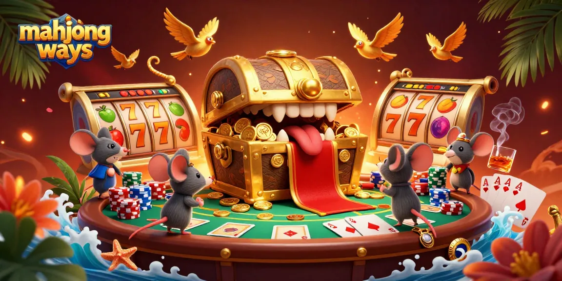 Spin the reels of mahjong ways in this vibrant 3D illustration filled with gold coins and poker elements.