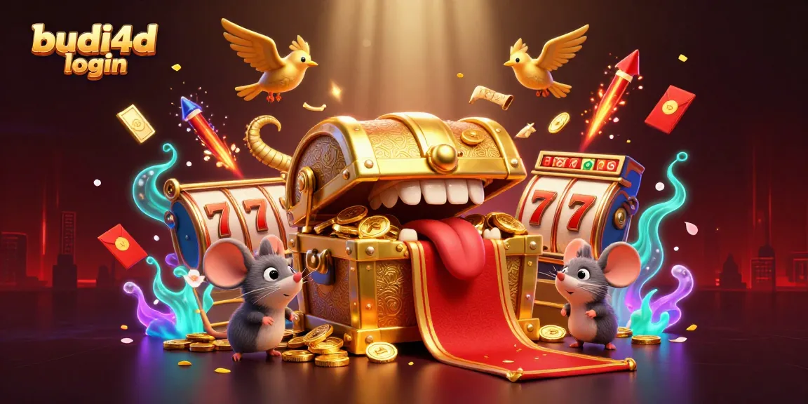 Engage with budi4d login for thrilling slot games, featuring a vibrant treasure chest and spinning reels.