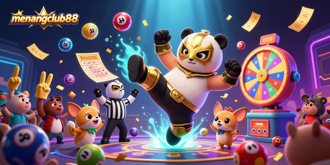 Experience the thrill of menangclub88 with vibrant illustrations of a panda wrestler and vibrant gaming elements.