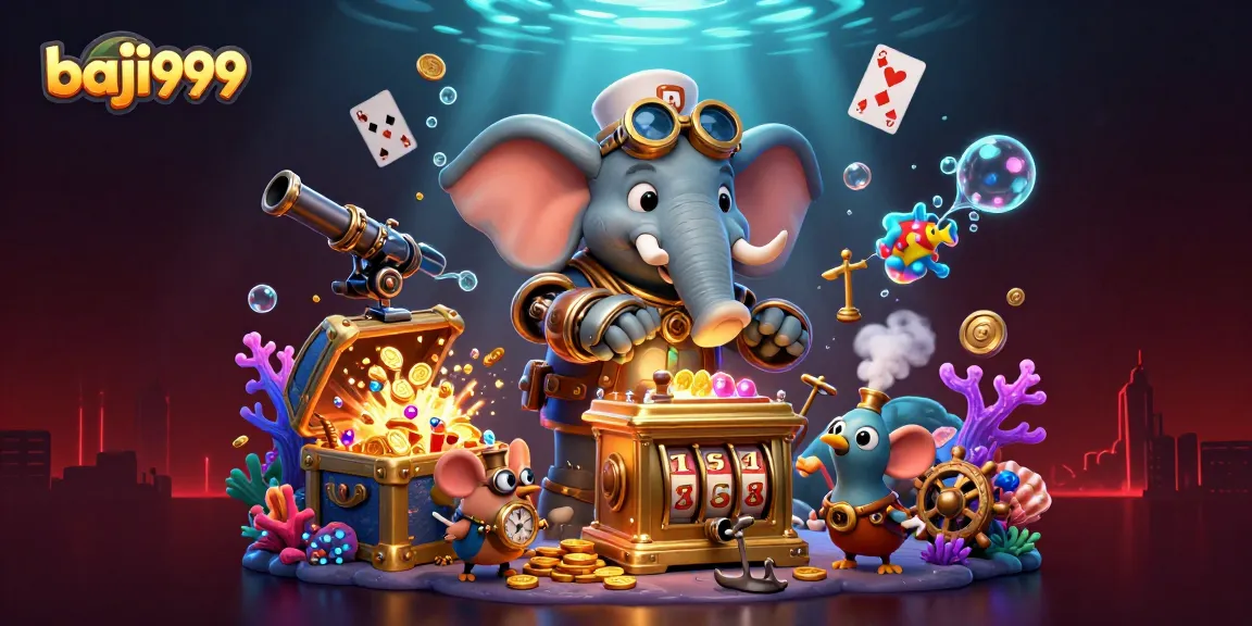 Experience thrilling gameplay with baji999's vibrant casino scene featuring a mechanical elephant at a slot machine.