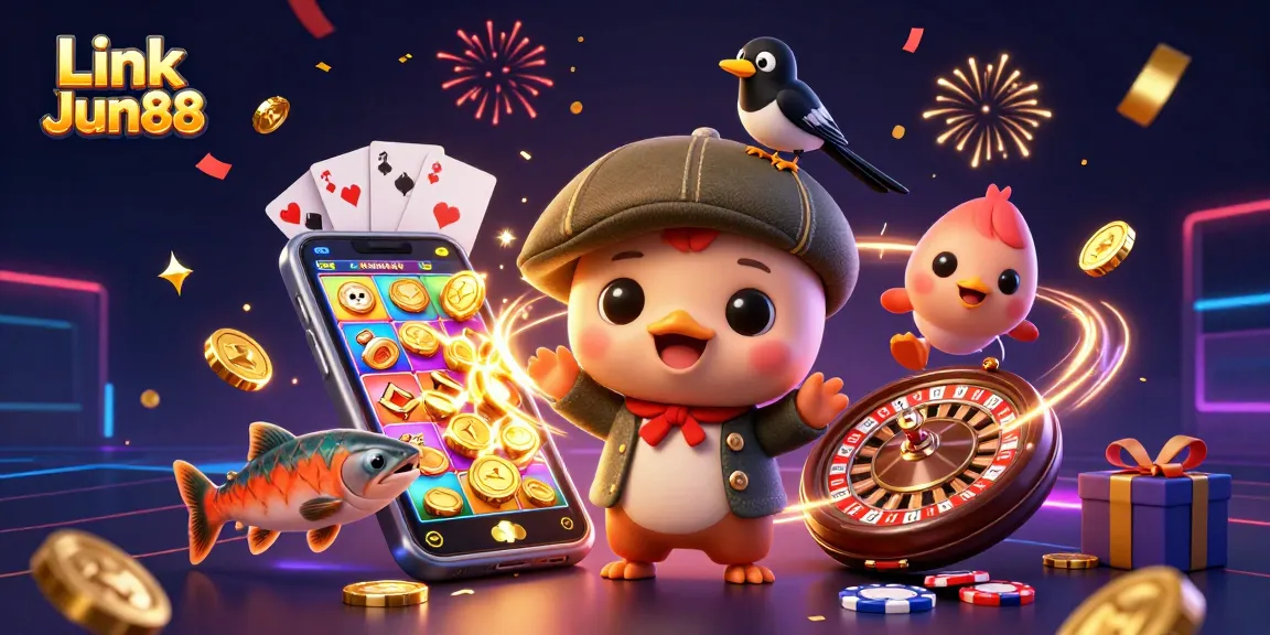 Win big with Link Jun88 in this vibrant casino-themed digital illustration!