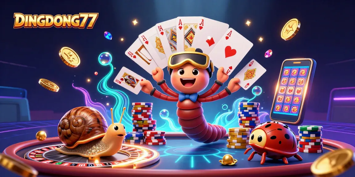 DINGDONG77 showcases a vibrant gaming scene with a millipede dealer and dynamic casino elements.