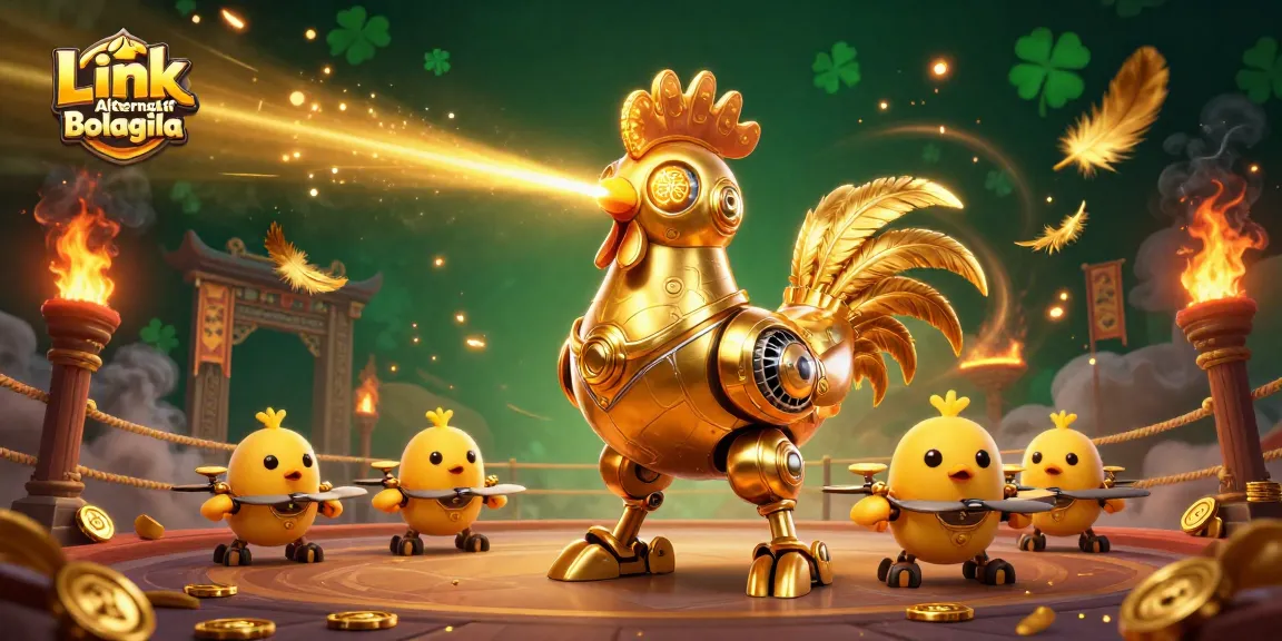 Memenangkan permainan dengan Link Alternatif Bolagila dan robot ayam emas futuristik yang mengukir pola emas.