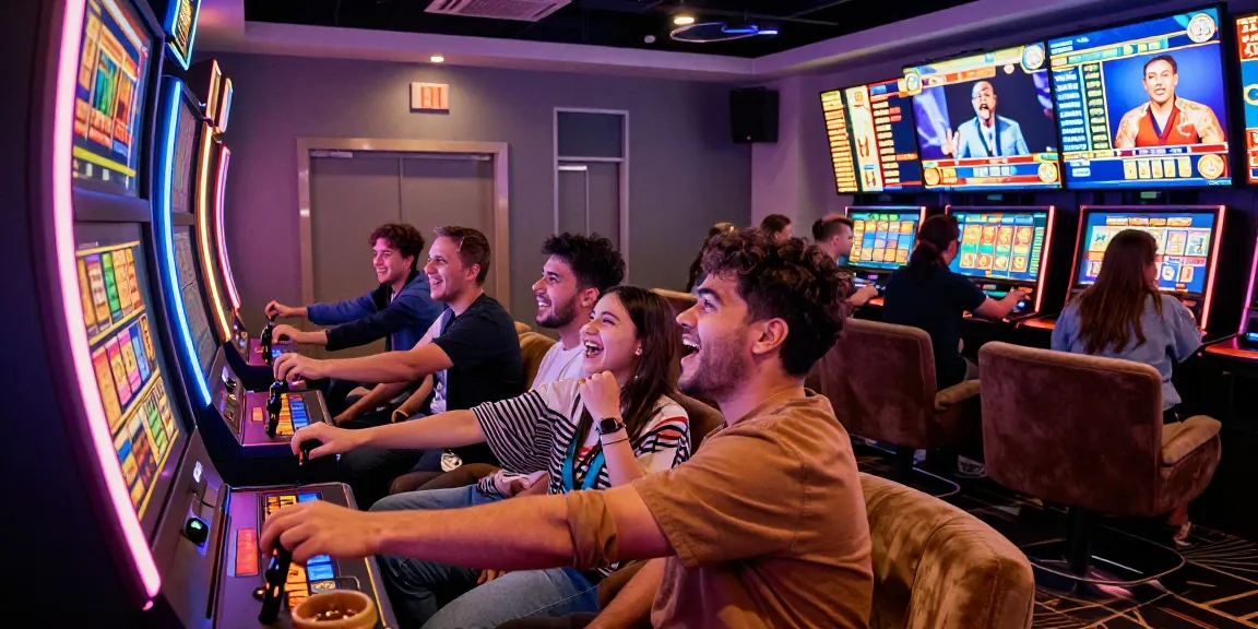 Exciting group enjoying slot online gaming in a vibrant casino lounge with colorful lights.