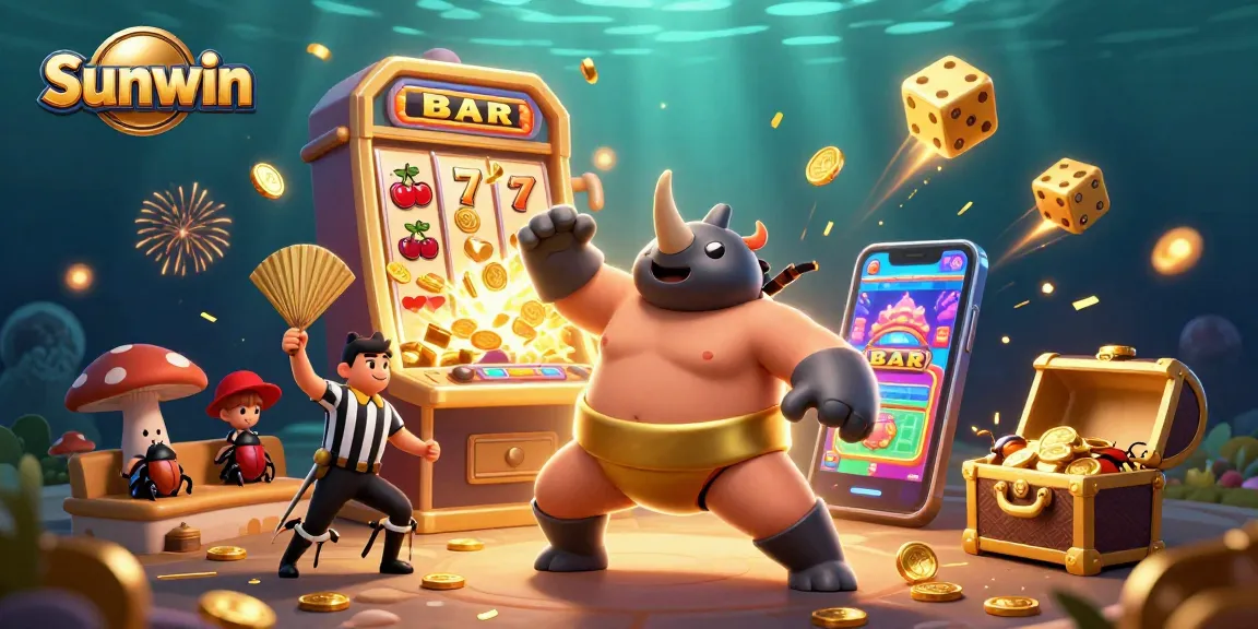 Win big with Sunwin's vibrant gambling scene featuring a sumo beetle amidst golden coins and slot machine action.