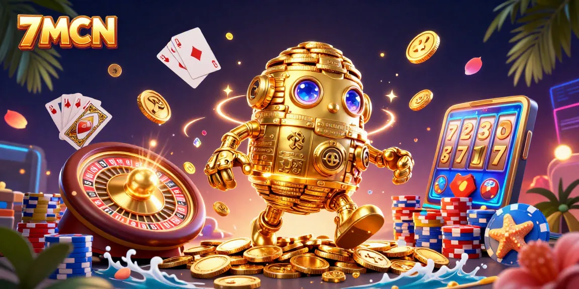 Engage in thrilling gameplay with the 7MCN golden golem and sparkling casino symbols.