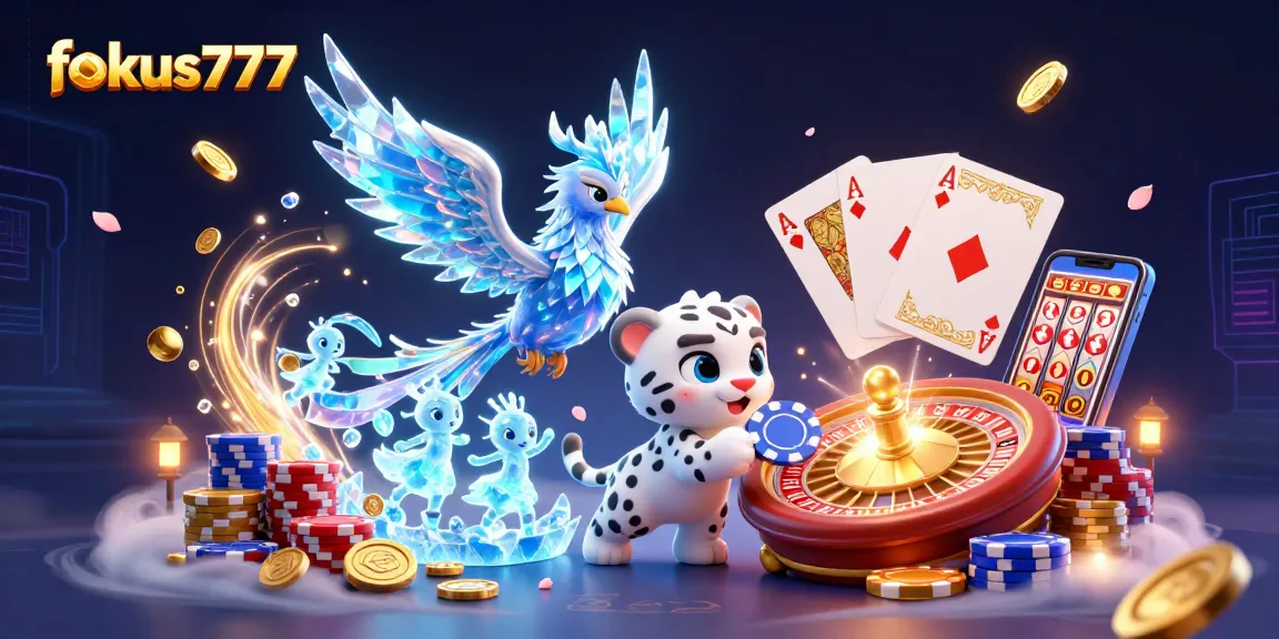 Engage with fokus777's vibrant casino scene featuring a phoenix, poker chip, and golden wins.