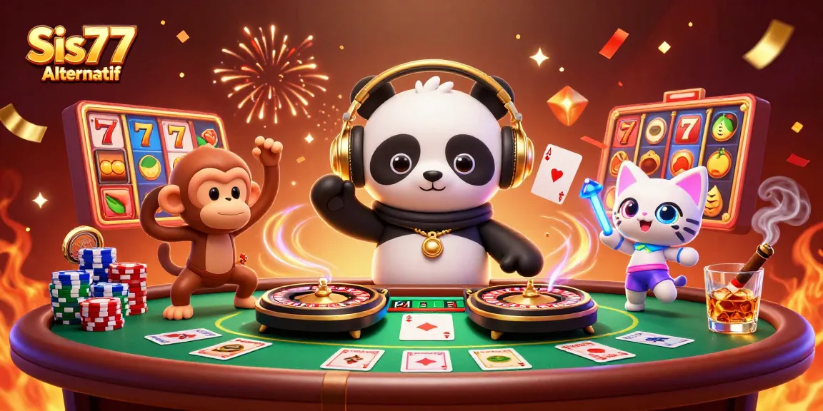 Permainan slot menarik di Sis77 Alternatif dengan DJ panda dan kucing rave di pesta kasino.