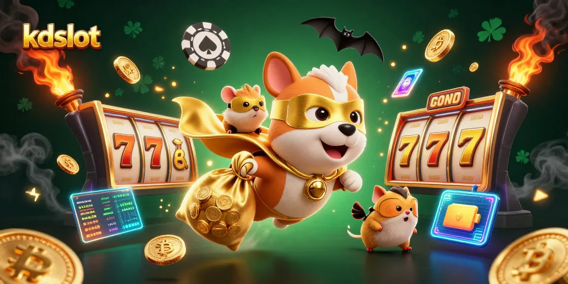 Experience the excitement of kdslot with our colorful 3D casino art featuring a superhero dog and rich elements.