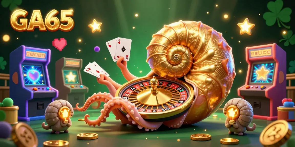 Experience the thrill of GA65 with a 3D digital illustration of a nautilus roulette wheel, glowing cards, and arcade games.