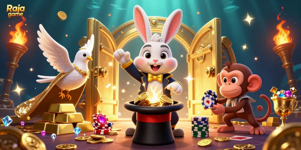 Engage in the thrilling world of Raja game as a magician rabbit unveils treasures from a glowing vault in this vibrant illustration.