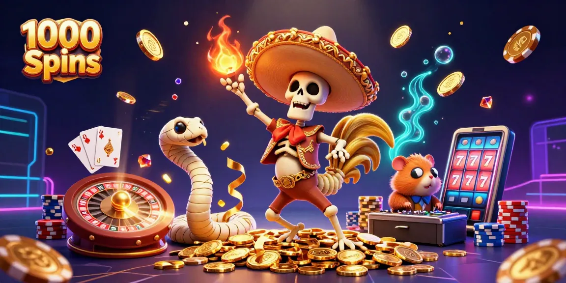 Erlebe den Nervenkitzel von 1000 Spins mit einer dynamischen Casino-Szene voller Goldmünzen und Casino-Elementen.