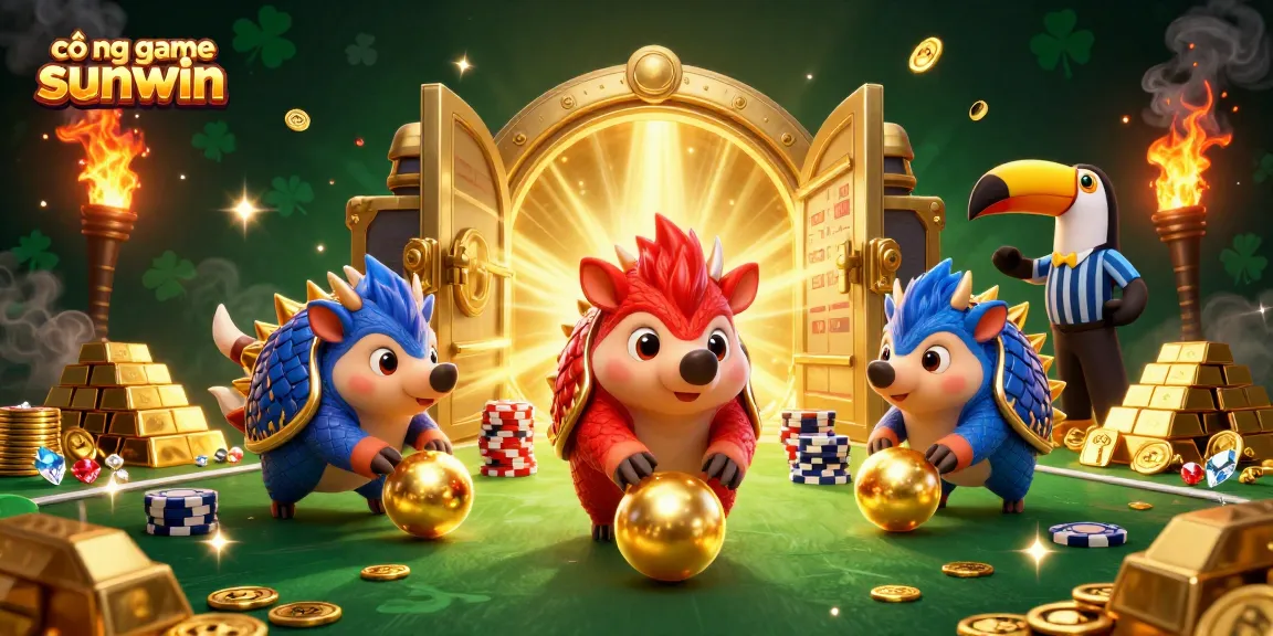 Exciting gameplay at cổng game sunwin with vibrant characters rolling into poker chips amidst sparkling treasures.