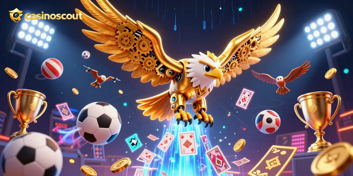 Engage with the dynamic casinoscout scene featuring a cybernetic eagle amidst holographic cards and vibrant sports elements.