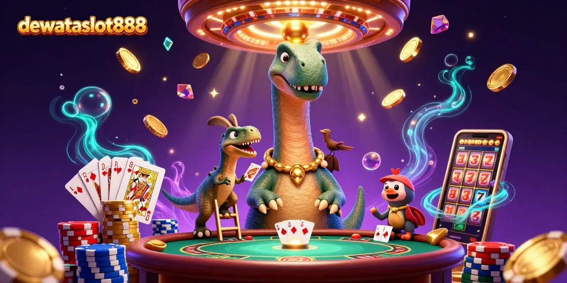 dewataslot888 memperlihatkan ilustrasi kasino 3D yang kaya detail dengan dinosaurus dan elemen permainan judi