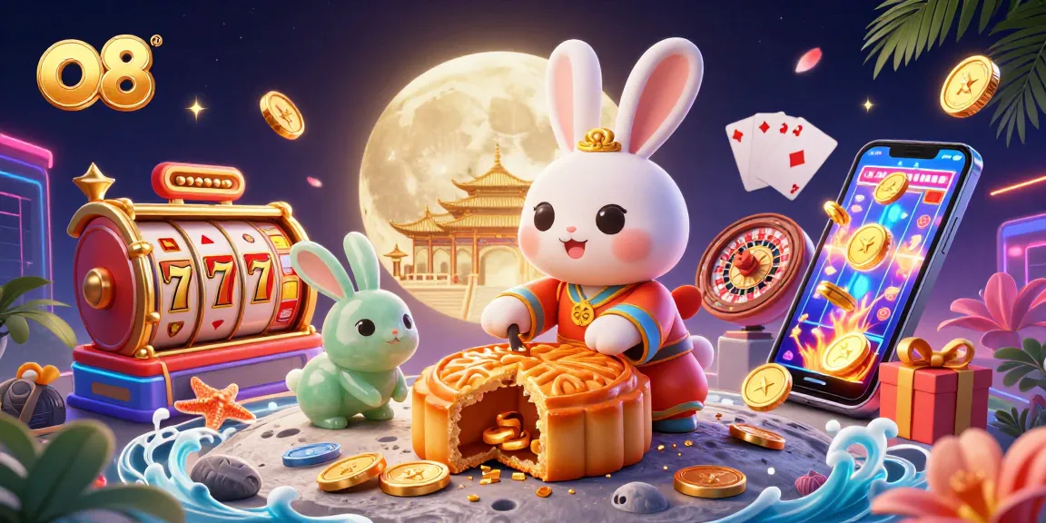 Engage with the exciting world of o8 casino, featuring a whimsical moon rabbit revealing poker chips while surrounded by vibrant gambling elements.