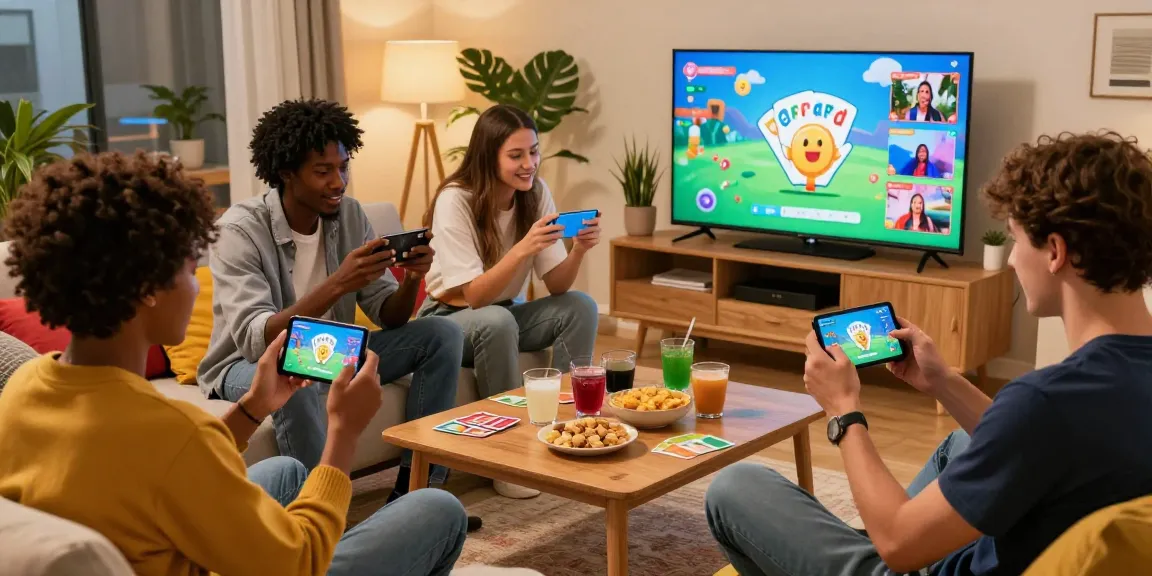 Excited group of friends playing Card Rummy, showcasing fun and social interaction as they play for rewards on Android devices.