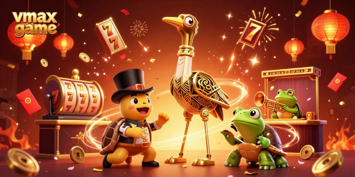 Experience the excitement of vmax game as colorful symbols and characters fill a lively casino scene.