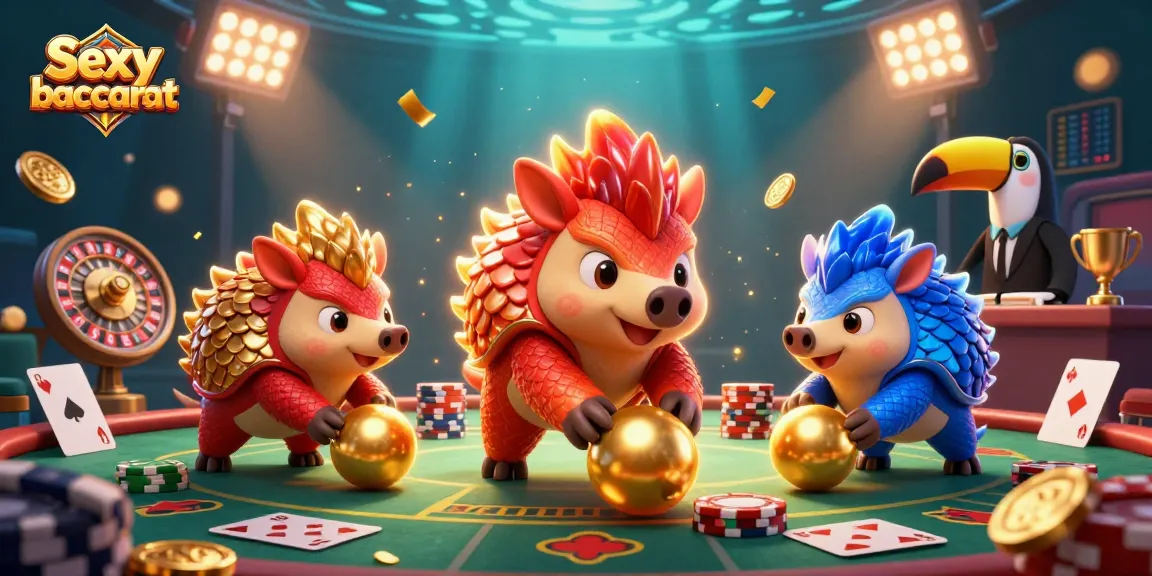 Engage with Sexy baccarat in this vibrant scene showcasing playful pangolins in a lively casino.