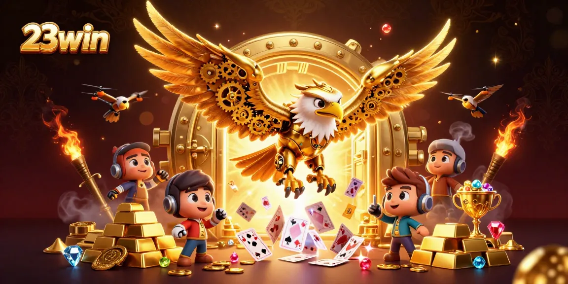 Experience the thrill of 23win with our 3D cybernetic eagle diving among casino treasures and cards.