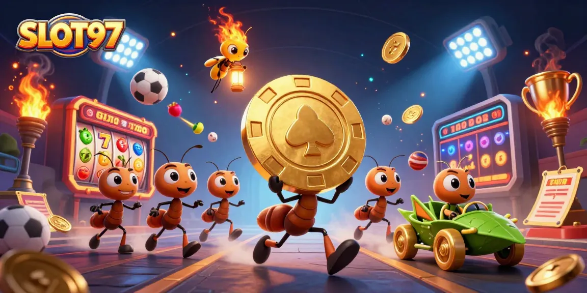 Engage with SLOT97's thrilling slot games and high jackpots in a vibrant 3D heist scene.