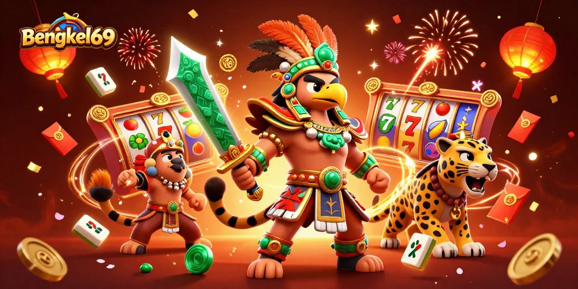 Bengkel69 players spin the vibrant slot reels surrounded by festive decorations.