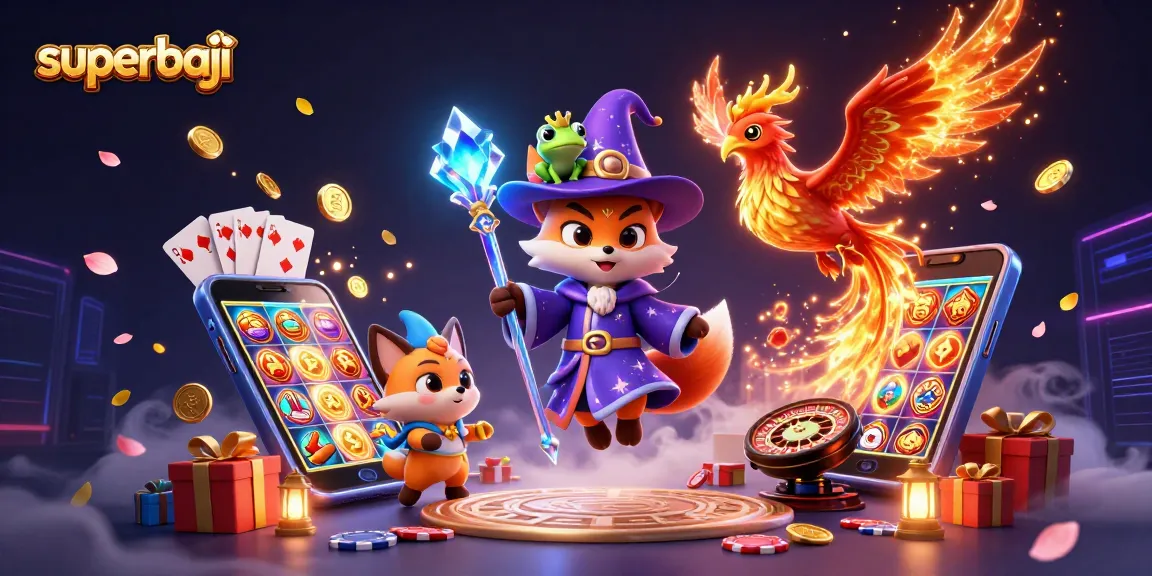 Experience superbaji excitement with a mystical fox and phoenix amidst vibrant casino games and rewards.