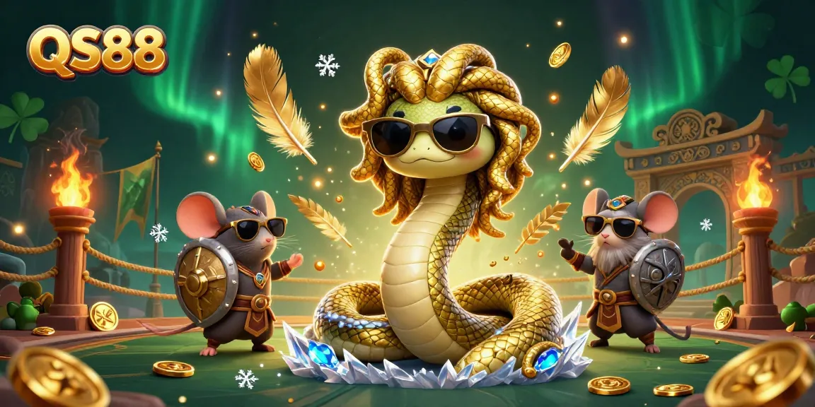 Experience thrilling moments at QS88 with Medusa and a warrior mouse in a vibrant casino scene.