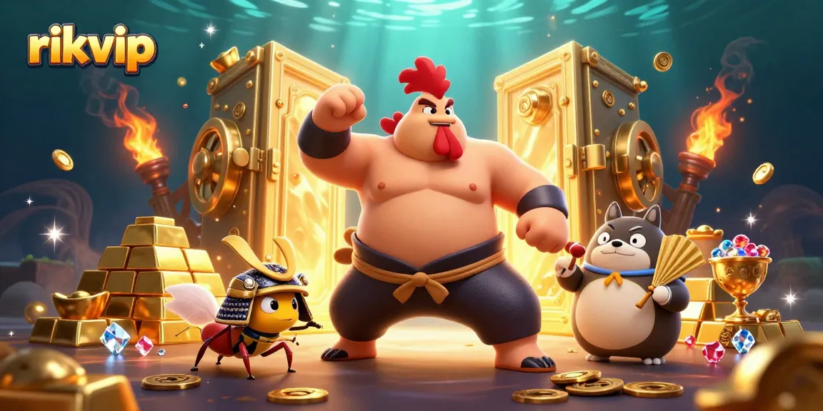 Experience thrilling wins at rikvip with a dynamic scene of cartoon characters and rich treasures.
