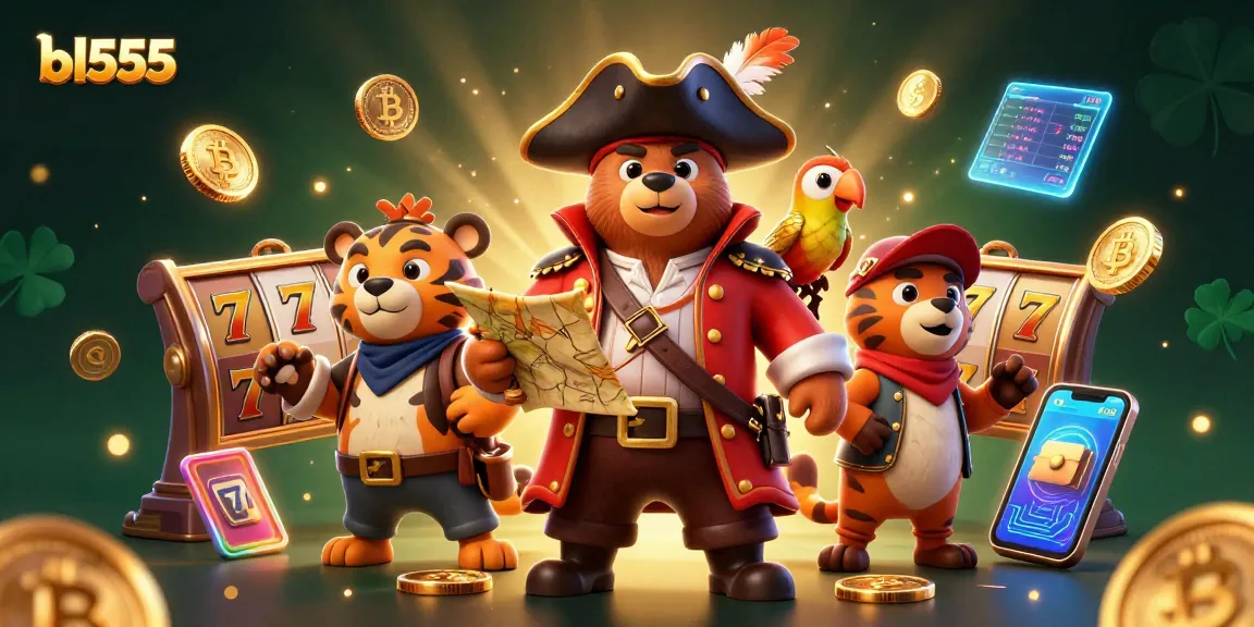 Join the adventure at bl555 with a pirate captain bear and tiger, surrounded by vibrant slots and crypto coins.