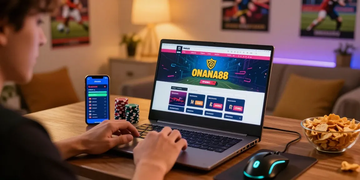 Engaging onana88 online gaming scene with a player using laptop and smartphone in a cozy setting, highlighting vibrant gambling atmosphere.