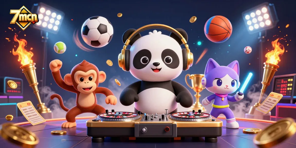 Spin and win with 7mcn’s thrilling gaming scene featuring vibrant characters and dynamic sports elements.