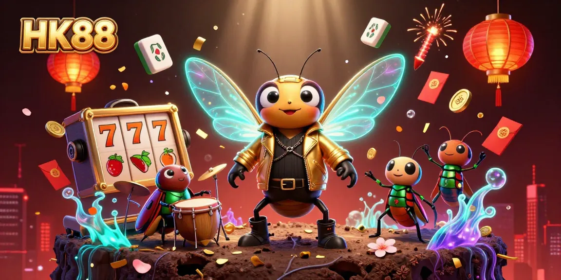 Experience exciting wins at HK88 with vibrant slot reels and lively characters in a captivating casino scene.