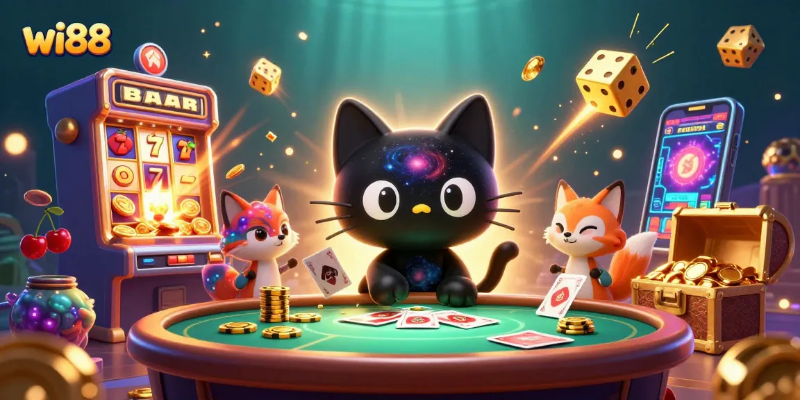 Experience the excitement of wi88 casino with a cosmic black hole cat and colorful nebula fox!