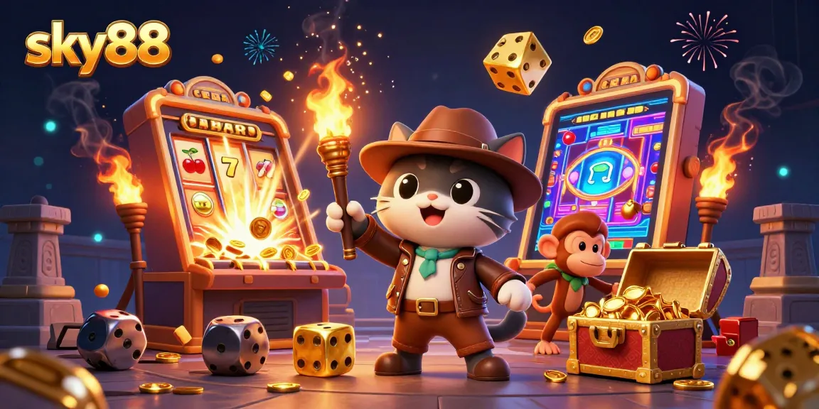 Experience the excitement of sky88 with a lively cat and monkey discovering casino treasures.