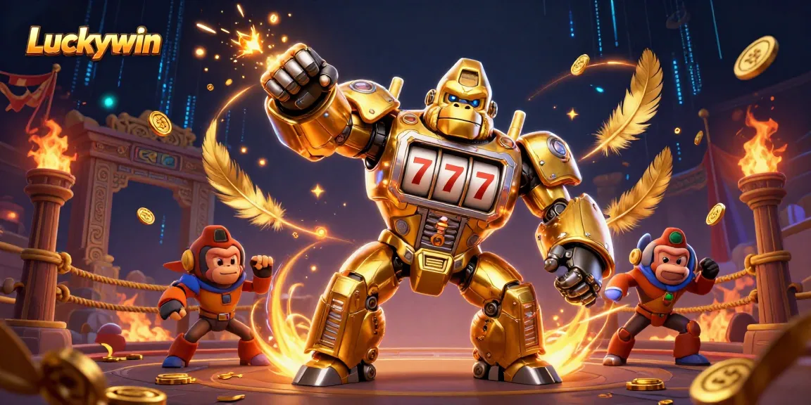 Experience Luckywin with a stunning 3D rendering of a golden gorilla mech in a vibrant casino scene.