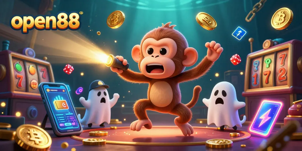 Engage in thrilling gameplay at open88 with slots and crypto elements lighting the haunted casino scene.
